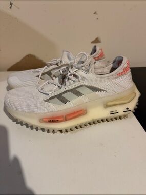 adidas White Knit Sneakers with Coral Heel and Accents